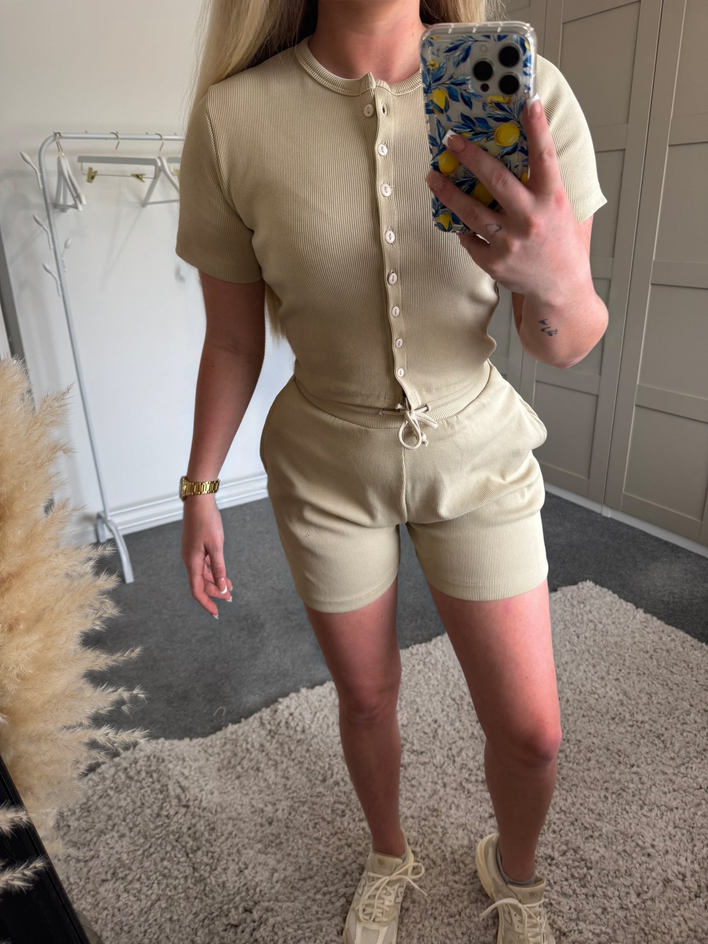 Ribbed Button Front Top And Shorts Set